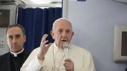 Pope Francis during an in flight press conference on the papal plane, Nov. 26, 2019. Credit: Hannah Brockhaus/CNA