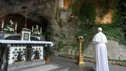 Pope Francis prays at the Lourdes Grotto in the Vatican Gardens May 30, 2020. Credit: Vatican Media