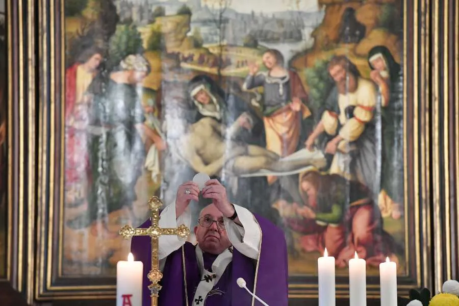 Pope Francis celebrates Mass at the Church of Our Lady of Mercy in the Teutonic Cemetery in Vatican City Nov. 2, 2020. Credits: Vatican Media.