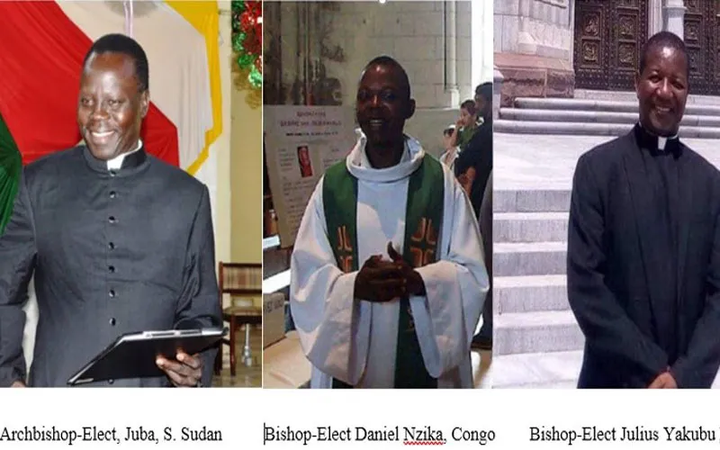 Papal appointments of December 12, 2019: from left, Archbishop-elect Stephen Ameyu of Juba in South Sudan, Bishop-elect Daniel Nzika of Congo-Brazzaville’s Impfondo, and Bishop-elect Julius Yakubu Kundi of Kafanchan in Nigeria.