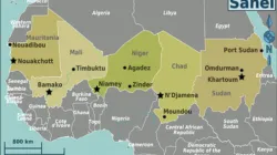 Map representing countries with the Sahel in Africa, a region affected by violence