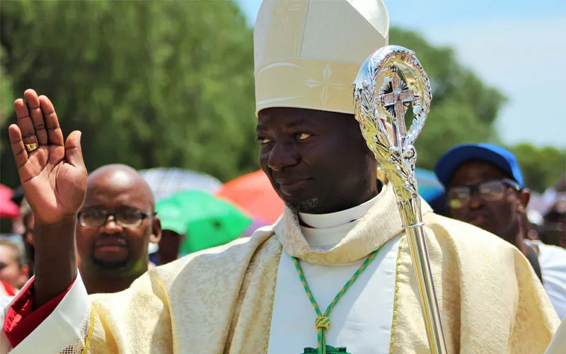 The newly ordained Bishop of South Africa's Aliwal North Diocese, Ugandan-born Bishop Joseph Kizito, blessing the people of God who witnessed his Episcopal ordination at Sauer Park Stadium, Aliwal North on February 15, 2020. / Fr. Paul Tatu/The Southern African Catholic Bishops' Conference (SACBC)