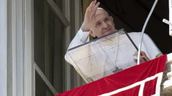 Pope Francis waves to crowd gathered for the Angelus at St. Peter's Square on March 13, 2022. Vatican Media
