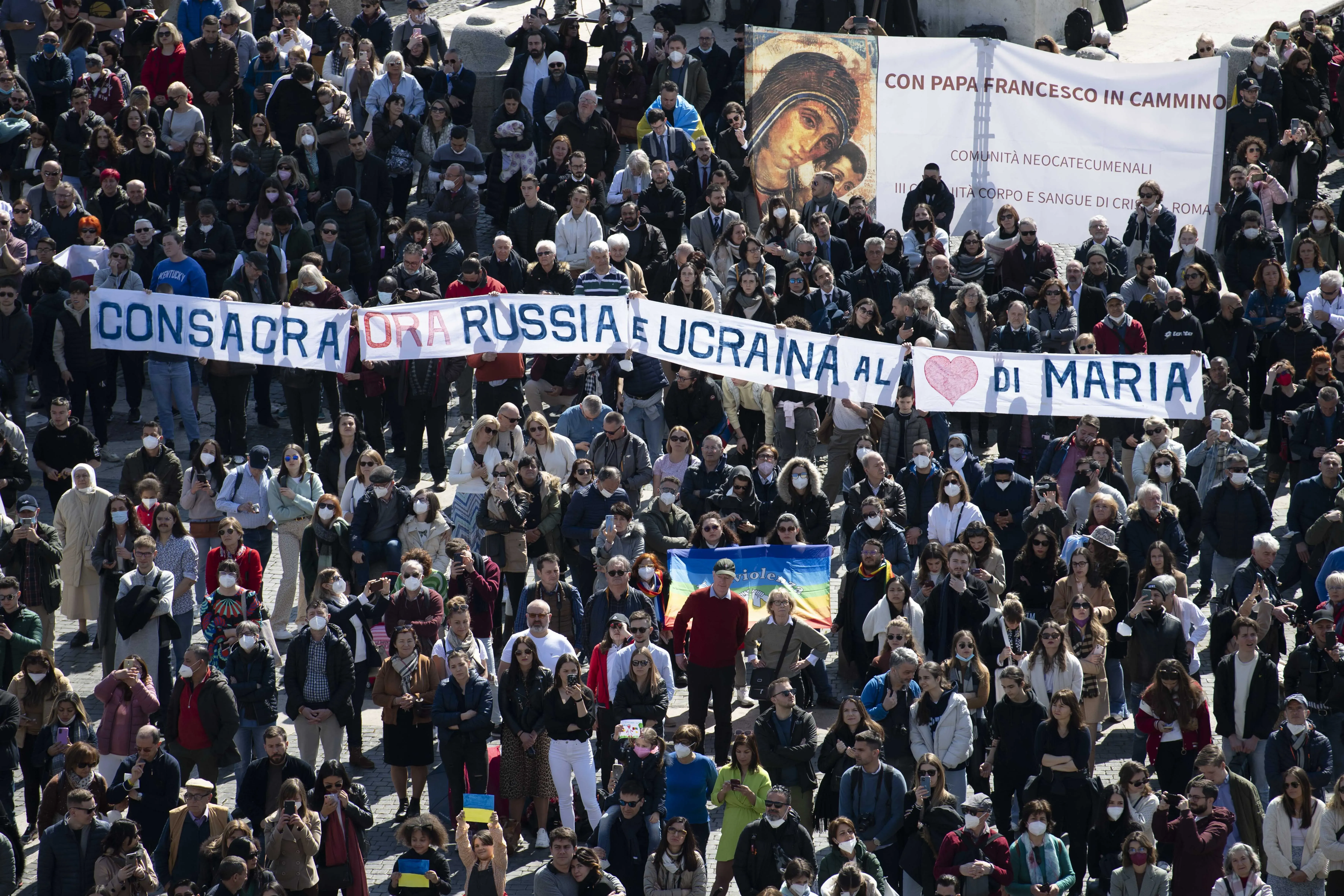 Banner calling for the consecration of Russia is displayed during Pope Francis' Angelus in St. Peter's Square on March 13, 2022. Vatican Media
