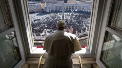 Pope Francis greets the crowd at his Sunday Angelus address on Jan. 29, 2023. | Vatican Media