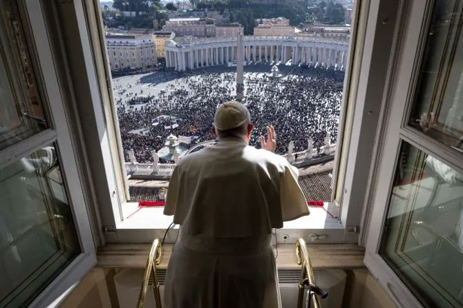 Pope Francis greets the crowd at his Sunday Angelus address on Jan. 29, 2023. | Vatican Media