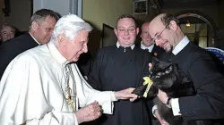Benedict XVI greeted a fluffy black cat named Pushkin during his visit to the Birmingham Oratory established by St. John Henry Newman. | Courtesy of the Birmingham Oratory