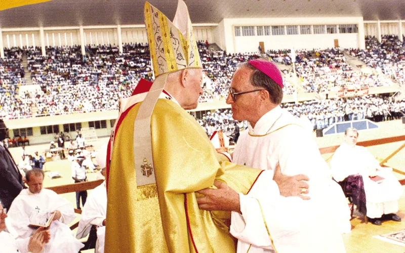 Late Bishop Michael Joseph Cleary with Pope John Paul II when he visited the Gambia in 1992.