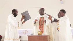 Bishop Emmanuel Fianu, SVD of Ho Diocese in the Volta Region blessing the Oils at the Diocesan Chrism Mass on April 8, 2020 attended by only the Deans of the Diocese. / Diocesan Communications Office