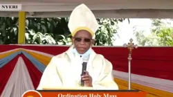 Archbishop Peter Joseph Kairo speaking during the ordination of four Priests and seven Deacons for Kenya’s Nyeri Archdiocese Saturday, November 7. / Capuchin TV/Facebook Page.