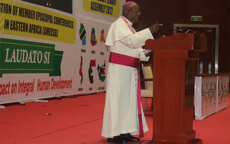 Bishop Method Kilaini, Auxiliary Bishop of Bukoba Diocese in Tanzania, addressing delegates of the 20th Plenary Assembly of AMECEA on 11 July 2022. Credit ACI Africa