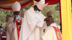 Bishops lay hands on Bishop-elect Joseph Mwongela during Episcopal Ordination Mass Saturday, August 29, 2020. / ACI Africa
