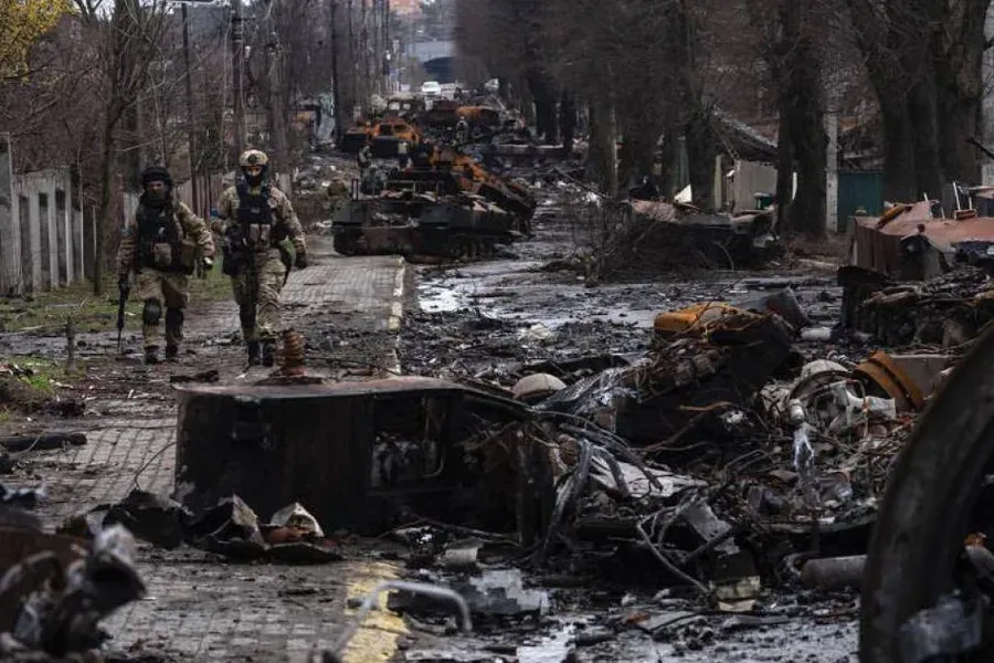 The aftermath of the Russian occupation of Bucha, Ukraine. Ministry of Digital Development Mikhail Fedorov via Wikimedia (Public Domain).