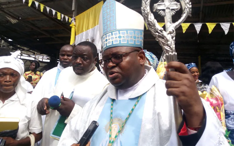 Bishop Michael Miabesue Bibi speaking to journalists at the end of Holy Mass to mark the 70th anniversary celebration of the canonical erection of Cameroon’s Buea Diocese. / ACI Africa
