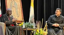 Cardinal Robert Sarah speaks alongside Father Guillermo Gutiérrez at the lecture at La Salle University in Mexico City on June 26, 2023. | Credit: La Salle University
