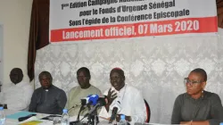 Archbishop Benjamin Ndiaye of Senegal's Dakar Archdiocese with members of Caritas Senegal at the press conference to Launch the Fuudraising campaign, Saturday, March 7, 2020.
