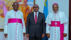 Bishop Toussaint Iluku Bolumbu (left) of  Bokungu-Ikela Diocese, Prime Minister, Jean-Michel Sama Lukonde (center) and Archbishop Ernest Ngboko Ngombe (right) after the 8 March 2022 meeting in DRC's capital, Kinshasa. Credit: CENCO