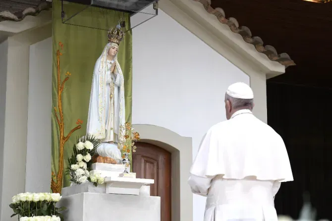 Pope Francis prays at the Sanctuary of Our Lady of Fatima in Portugal on May 12, 2017. | Vatican Media.