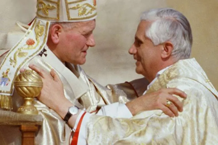 Pope John Paul II greets Cardinal Joseph Ratzinger during his inauguration October 22, 1978. / Vatican Media