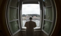 Pope Francis after praying the Angelus in the Vatican's apostolic palace on March 29, 2020. Credit: Vatican Media. null