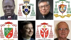 Archbishop Stephen Ameyu Martin Mulla of Juba and his episcopal coat of arms (top left); Bishop Stephen Chow of Hong Kong and his episcopal coat of arms (top right); Bishop Américo Aguiar of Setúbal, Portugal, and his coat of arms (bottom left); Archbishop Stephen Brislin of Cape Town and his coat of arms. | Credit: ACI Africa; Archdiocese of Juba; Society of Jesus/Diocese of Hong Kong; Patriarchate of Lisbon; Archdiocese of Cape Town