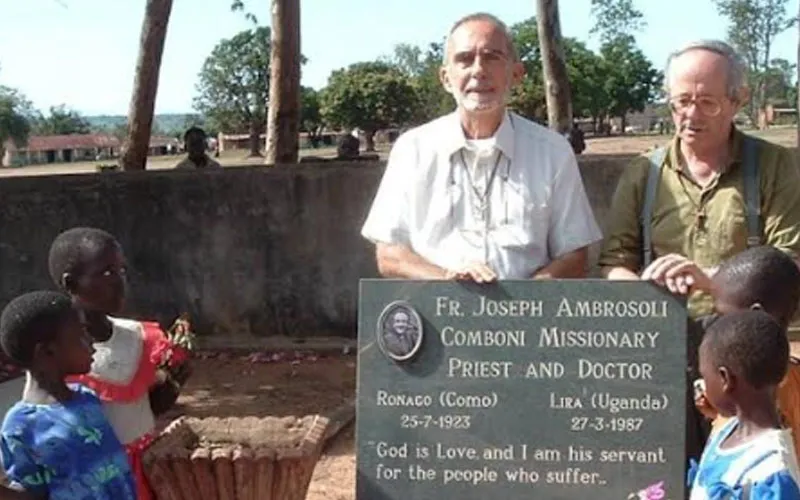 Fr. Egidio Tocalli poses for a photo with a lay missionary near the Tomb of Fr. Giuseppe Ambrosoli. Credit: Fr. Egidio Tocalli/ Comboni Missionaries