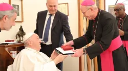 Cardinal-designate Stephen Brislin receiving gifts from Pope Francis during the Ad Limina Visit of members of the Southern African Catholic Bishops' Conference (SACBC). Credit: SACBC