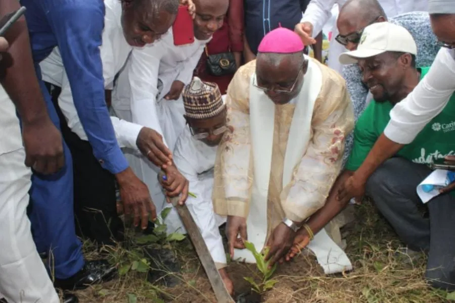 Archbishop Ignatius Kaigama planting a tree as part of the 20000 tree Planting Campaign in the Catholic Archdiocese of Abuja Nigeria.  Credit: Samson Adeyanju