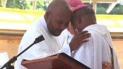 Bishop Jean Michaël Durhône embraces Yannick Casquette during the September 3 Diaconate Ordination. Credit: Port Louis Diocese