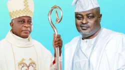 Archbishop Alfred Adewale Martins(left) of Lagos Archdiocese and Mudashiru Ajayi Obasa (right), speaker of  Lagos State House of Assembly (LAHA). Credit: Courtesy Photo