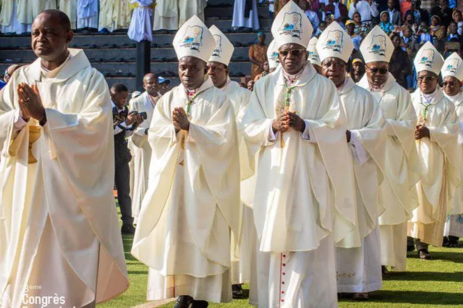 Catholic Bishops in DR Congo in procession during the closing Mass  of the third National Eucharistic Congress. Credit: CENCO