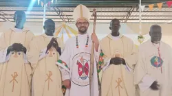 Bishop Christian Carlassare with the three Priests he ordained on 11 June 2023. Credit: Radio Good News/Facebook