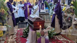 Bishop Sosthène Léopold Bayemi Matjei doing the final commendation during the Funeral Mass for late Fr. René Gaston Ayihi Tsimi on 22 April 2024. Credit: Obala Diocese