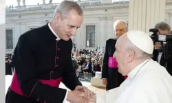 Mons. Séamus Patrick Horgan greets Pope Francis in Rome. Credit: Vatican Media