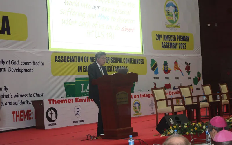 Dr. Paolo Ruffini addressing delegates of the 20th AMECEA Plenary Assembly in Dar es Salaam, Tanzania on 12 July 2022. Credit: ACI Africa