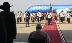 Pope Francis landed in South Sudan on Feb. 3, 2023, becoming the first pope to visit the country and fulfilling a yearslong hope to carry out an ecumenical trip to the war-torn country. / Vatican Media