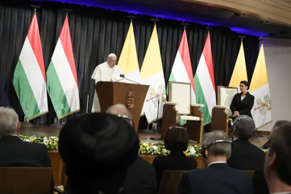Pope Francis addresses civil authorities and other dignitaries at a former a Carmelite monastery in Budapest, Hungary, on April 28, 2023, on the first day of his three-day pilgrimage to the country. | Credit: Vatican Media