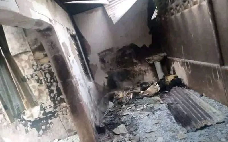 Sts. Peter and Paul Kaffin Koro Parish of the Catholic Diocese of Minna in Nigeria razed by fire. Credit: Courtesy Phtot