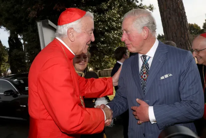 Then-Prince Charles greets archbishop of Westminster and president of the Catholic Bishops' Conference of England and Wales Cardinal Vincent Gerard Nichols during a reception for the Cardinal Newman Canonization at Pontifical Urban College on Oct. 13, 2019, at the Vatican. | Credit: Franco Origlia/Getty Images