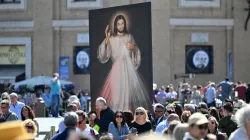 The Divine Mercy image is displayed at St. Peter's Square before Pope Francis Regina Caeli prayer on April 7, 2024. / Credit: ALBERTO PIZZOLI/AFP via Getty Images