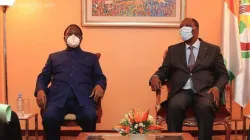 Ivory Coast President Alassane Ouattara, (right) and former president and opposition leader Henri Konan Bedie (left) have their first meeting since the national election in Abidjan on November 11, 2020.