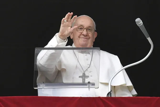 Pope Francis smiles at pilgrims gathered in St. Peter's Square on Jan. 1, 2023, for his first Angelus of the new year. | Credit: Vatican Media