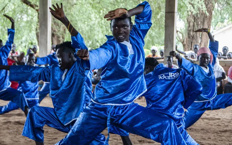 Members of the martial arts class, the Acrobats, perform at Dorocentre during celebrations for International Peace Day. Credit: Jesuits Refugee Service (JRS)