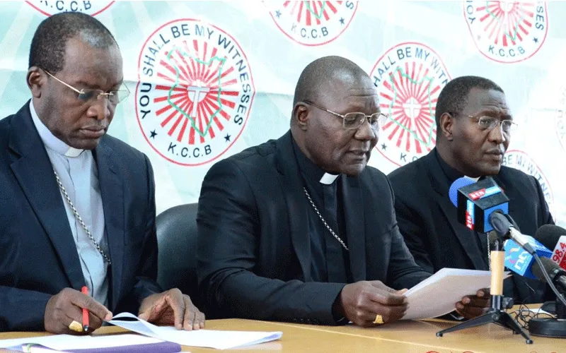 Bishop John Oballa Owaa (centre) flanked by Bishops Martin Kivuva (left) and Bishop Alfred Rotich (right) at a Press Briefing in Nairobi, Kenya.