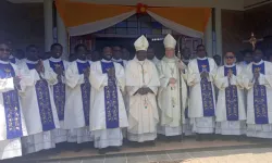 Archbishop van Megen, Bishop John Oballa Owaa of the Ngong Diocese alongside 12 members of the Mill Hill Missionary congregation who were ordained Deacons on September 24. Credit: ACI Africa
