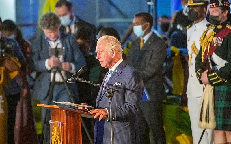 Charles delivering a speech in Bridgetown, after Barbados became a republic, November 2021. Credit: Public Domain