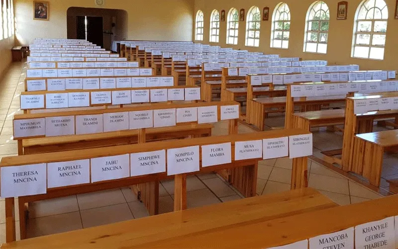 Names of the parishioners of Sts. Peter and Paul Parish in Swaziland's Manzini Diocese pinned on benches. / Bishop Jose Luis Ponce de Leon