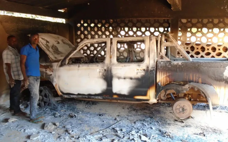 Burnt car in Chipene Mission after the attack in Chipene. Credit: ACN