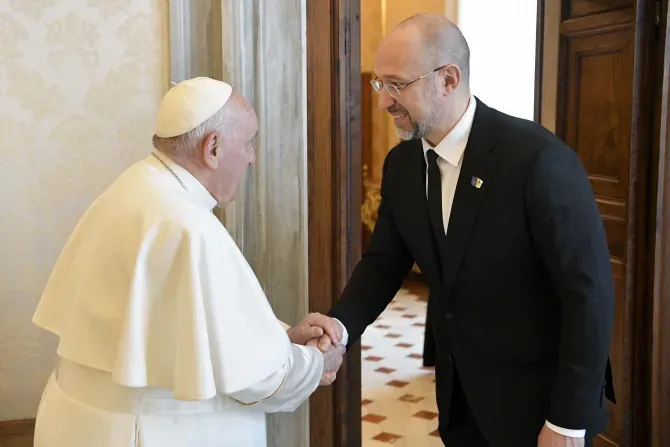 Ukraine Prime Minister Denys Shmyhal meets Pope Francis in a private, 30-minute encounter at the Vatican on the morning of April 27, 2023. | Credit: Vatican Media