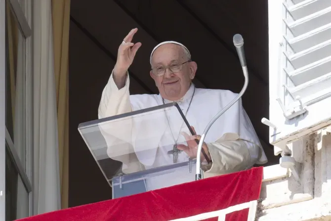 Pope Francis greets the crowd gathered in St. Peter's Square for his Angelus address on Sept. 24, 2023. | Vatican Media